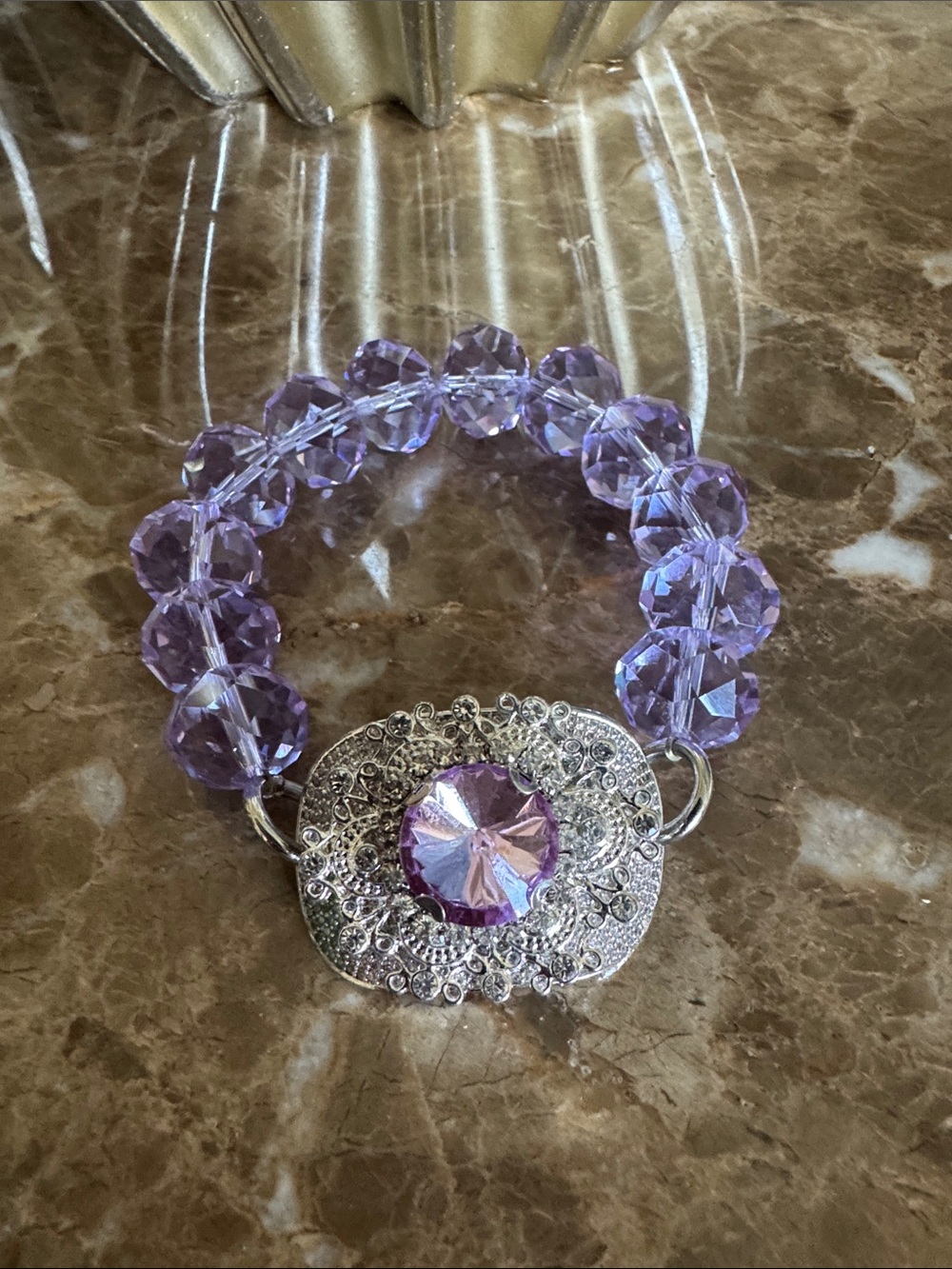 Lavender Crystal Stretch Bracelet with Silver Filigree Accent